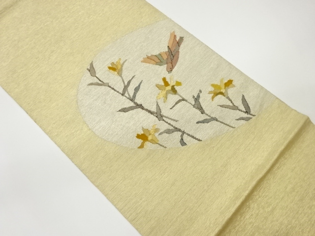 作家物　花葉に小鳥模様織出し袋帯